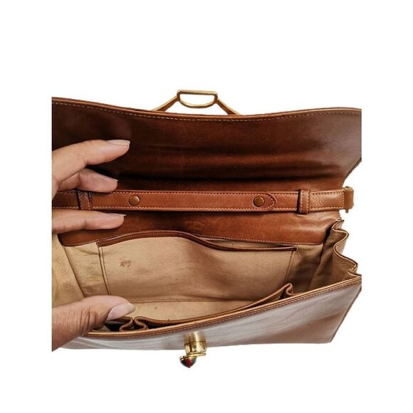 Rare Vintage 1970s Gucci Cognac Tan Leather 2-1 Bag | Green & Red Enamel with Go - Picture 13 of 13